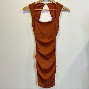 Fashion Nova Brown Ruched Mini Dress Sleeveless Square Neck Gold Shimmer